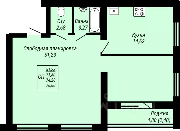 1-к кв. Ивановская область, Иваново Юбилейный жилой комплекс (76.6 м) - Фото 0