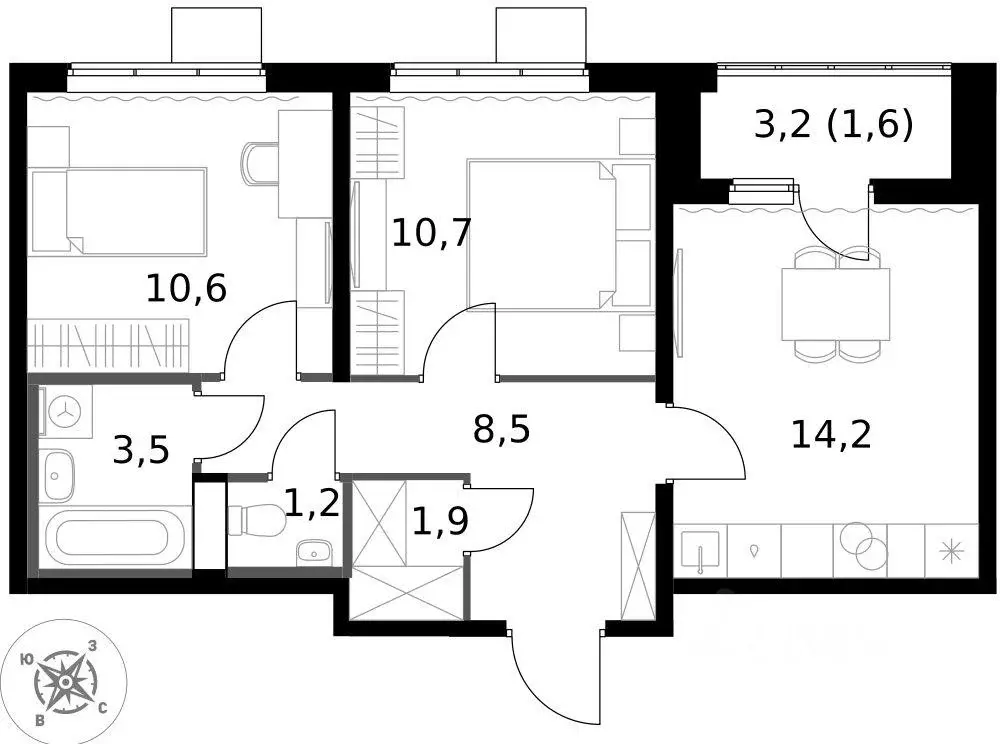 Квартира, 2 комнаты, 52.2 м - Фото 2