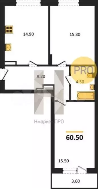 2-к. квартира, 60,5 м, 1/8 эт. - Фото 1