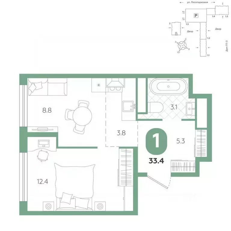 1-к кв. Тюменская область, Тюмень ул. Лесопарковая, 20 (33.4 м) - Фото 1