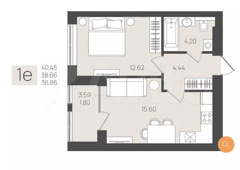 1-к. квартира, 38,7 м, 4/5 эт. - Фото 1
