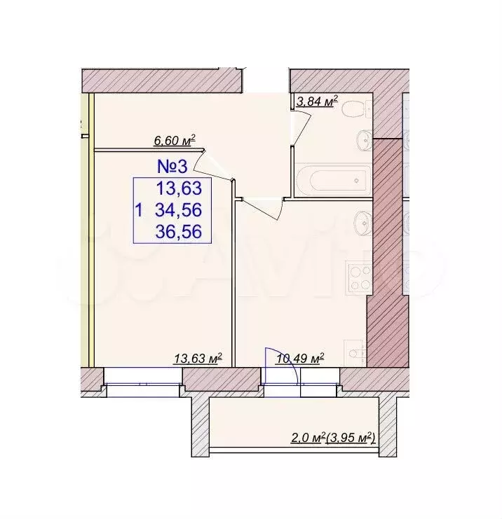 1-к. квартира, 36,6 м, 3/9 эт. - Фото 0