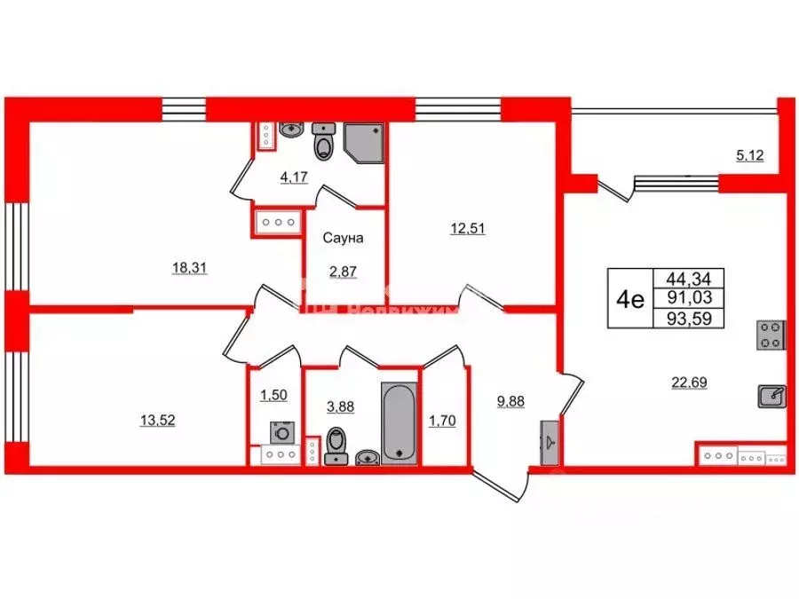 3-к кв. Санкт-Петербург Парашютная ул., 71к2 (91.03 м) - Фото 1