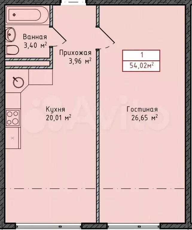 1-к. квартира, 54 м, 3/8 эт. - Фото 1