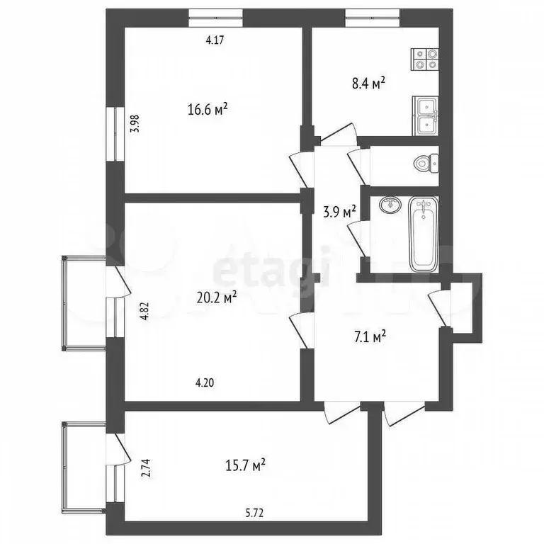 3-к. квартира, 63 м, 4/5 эт. - Фото 0
