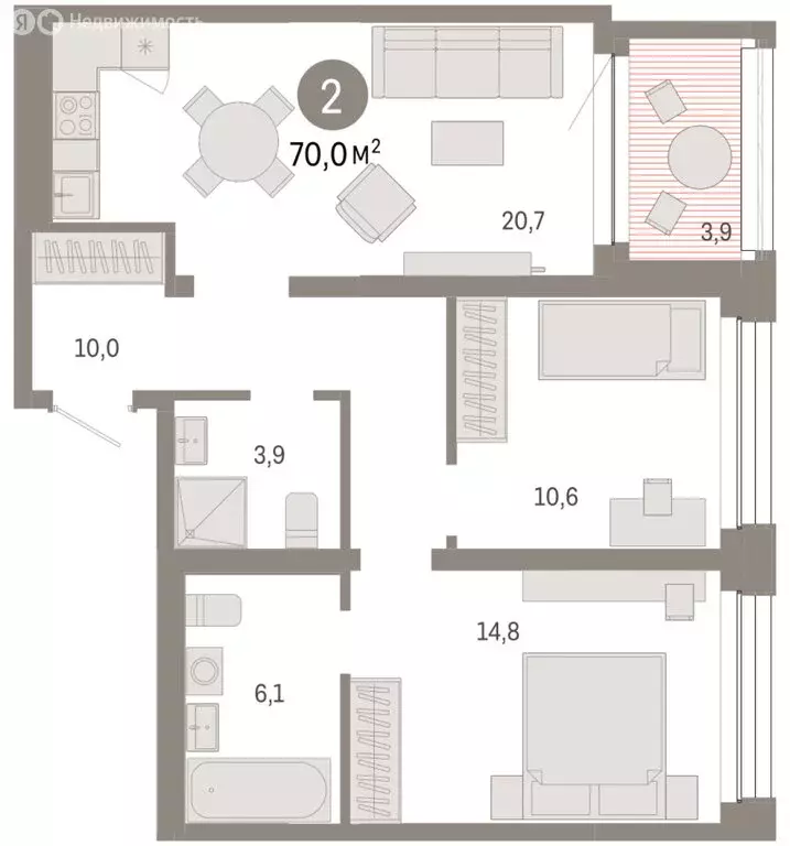 2-комнатная квартира: Тюмень, улица Муравленко, 9/2 (69.99 м) - Фото 1