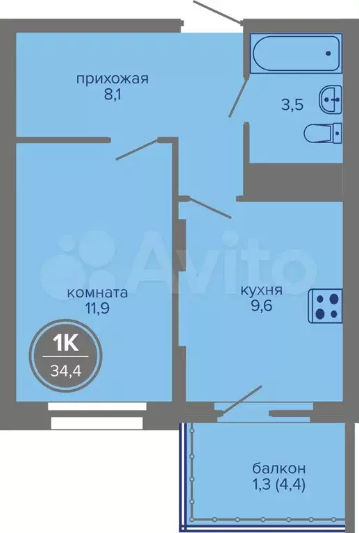 1-к. квартира, 34,4 м, 23/26 эт. - Фото 0