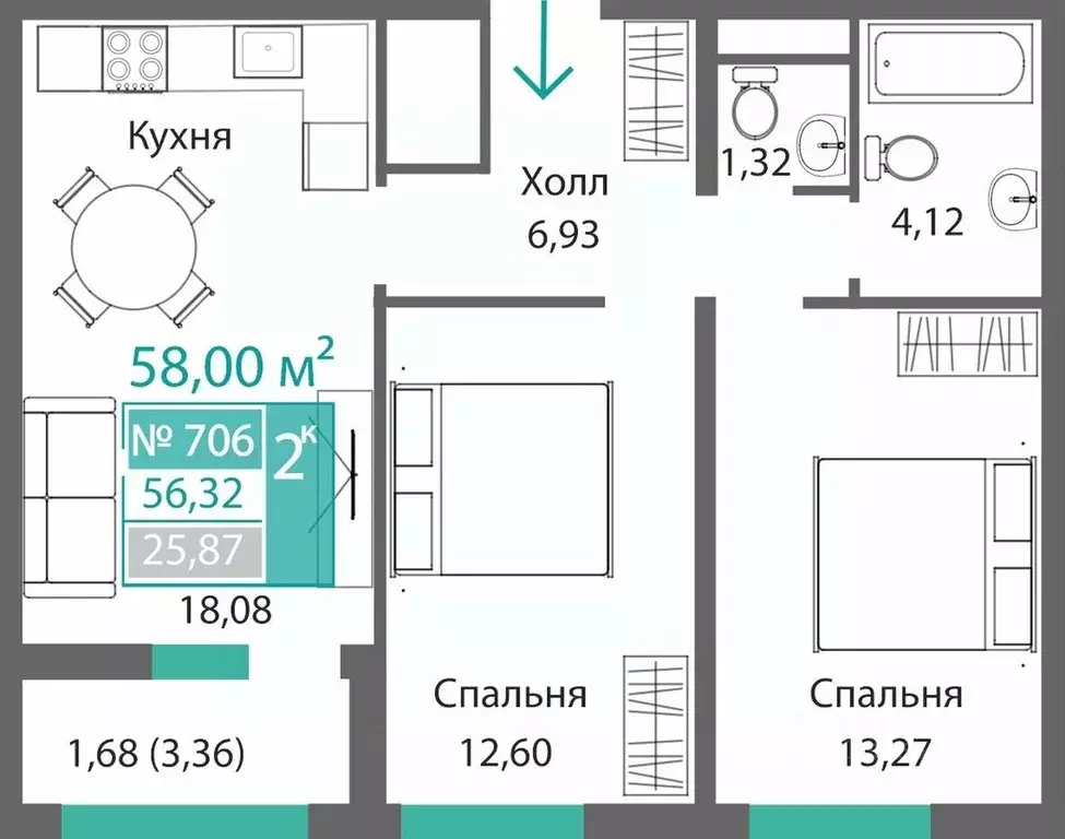 2-к кв. Крым, Симферополь Барбарис жилой комплекс (58.0 м) - Фото 0