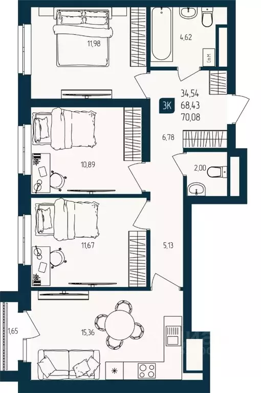 3-к кв. Тюменская область, Тюмень  (68.43 м) - Фото 1