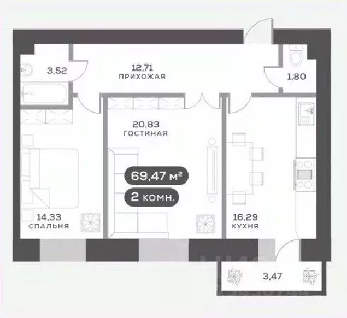 2-к кв. Красноярский край, Красноярск ул. Академгородок, 80 (70.0 м) - Фото 0