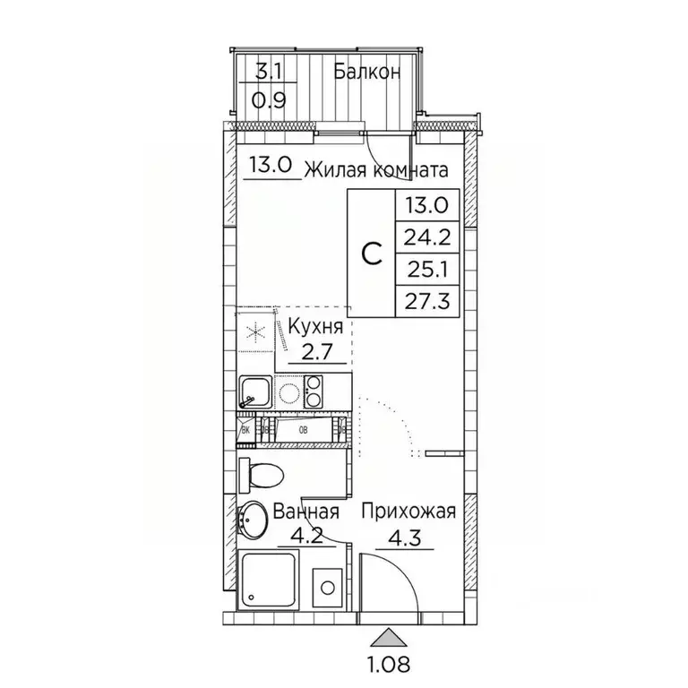 1-к кв. Приморский край, Владивосток ул. Расула Гамзатова, 7к2 (27.3 ... - Фото 1