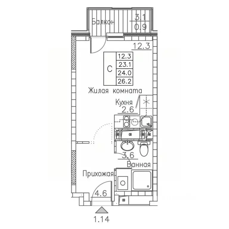 1-к кв. Приморский край, Владивосток ул. Расула Гамзатова, 7к1 (26.0 ... - Фото 1