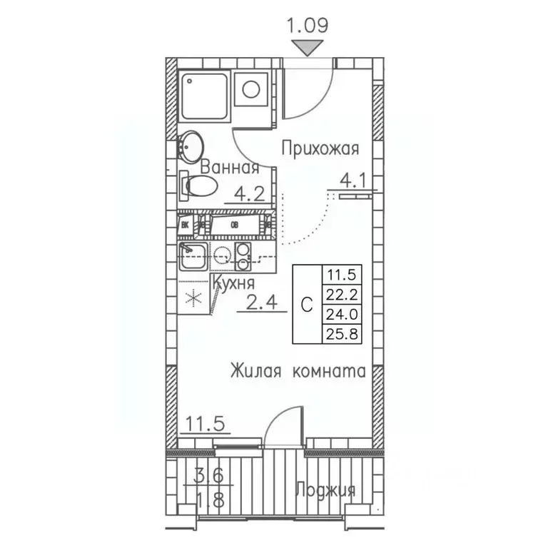 1-к кв. Приморский край, Владивосток ул. Расула Гамзатова, 7к1 (25.8 ... - Фото 1