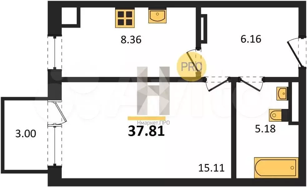 1-к. квартира, 37,8 м, 2/4 эт. - Фото 1