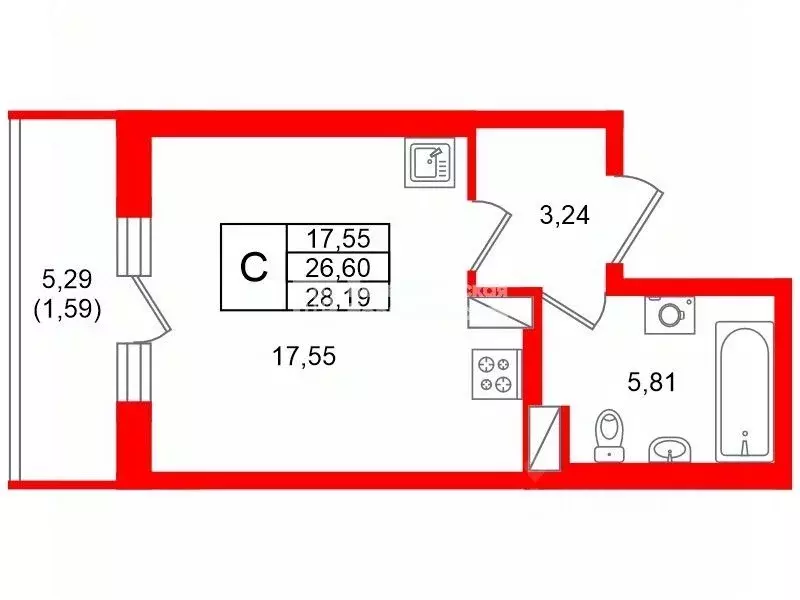 Студия Санкт-Петербург пос. Шушары, просп. Старорусский, 11 (26.5 м) - Фото 2