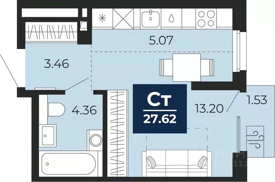 Студия Тюменская область, Тюмень Беринг жилой комплекс (26.55 м) - Фото 1