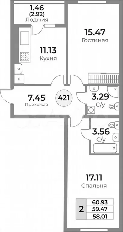 2-к. квартира, 59,5 м, 3/10 эт. - Фото 1
