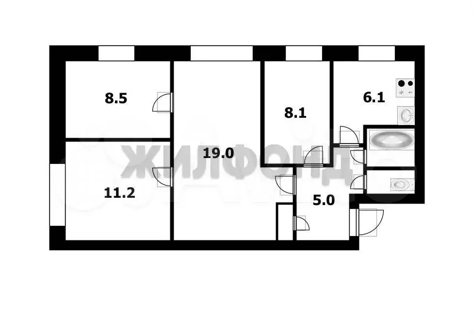3-к. квартира, 61,6 м, 1/5 эт. - Фото 0