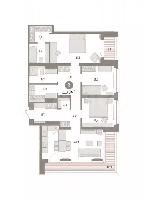 3-к. квартира, 116 м, 5/16 эт. - Фото 0