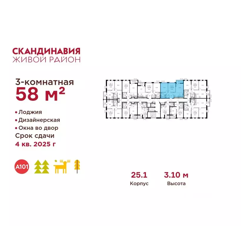 3-к кв. Москва Скандинавия жилой комплекс, 25.1 (58.0 м) - Фото 1