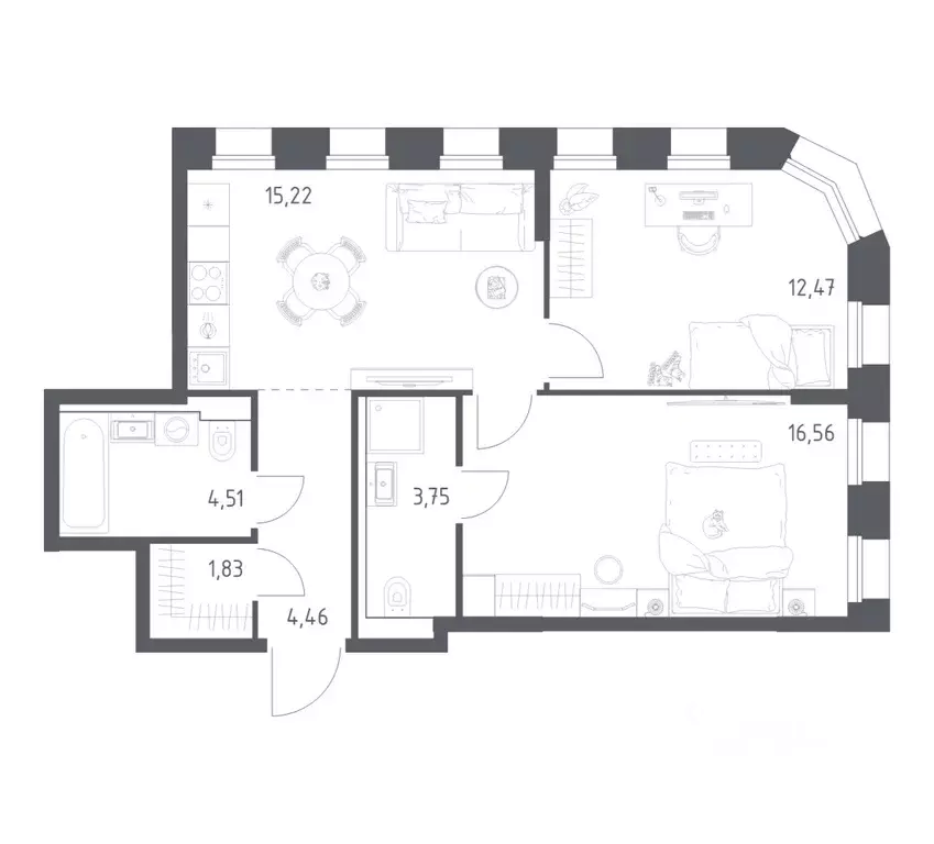 2-к кв. Татарстан, Казань Зилант Премьер жилой комплекс (58.8 м) - Фото 1