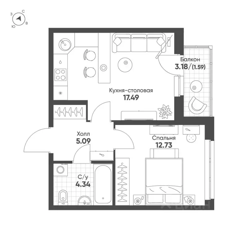 1-к кв. Свердловская область, Екатеринбург Солнечный жилрайон,  (41.2 ... - Фото 1