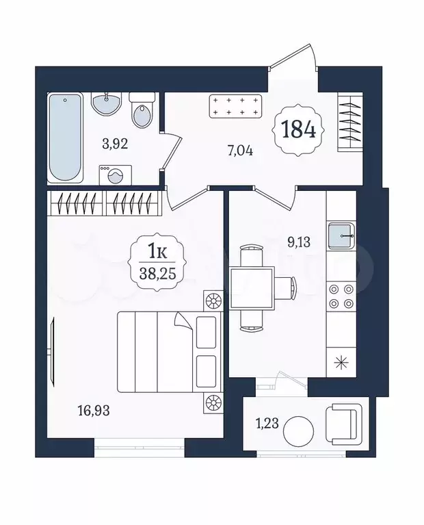 1-к. квартира, 38,3 м, 8/9 эт. - Фото 1