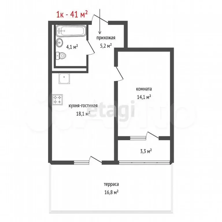 1-к. квартира, 41 м, 1/4 эт. - Фото 0