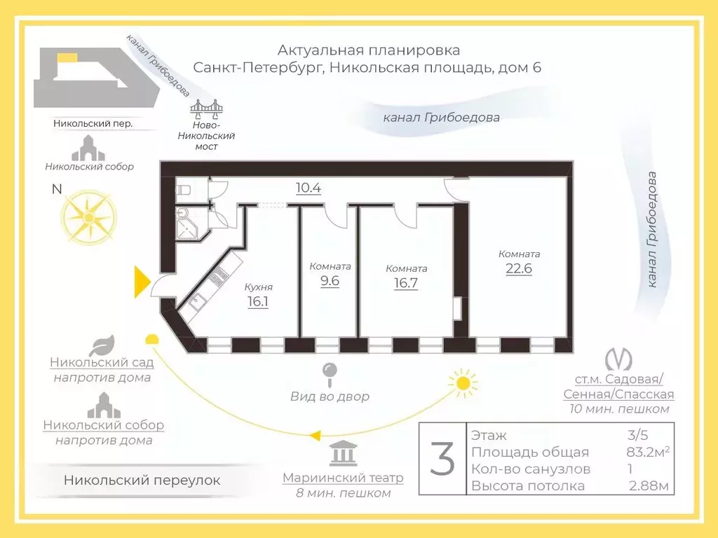 3-к кв. Санкт-Петербург Никольская пл., 6 (83.2 м) - Фото 1