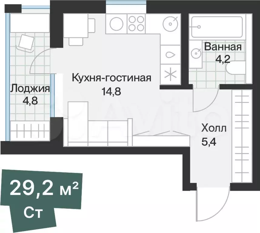 1-к. квартира, 26,8 м, 4/4 эт. - Фото 0