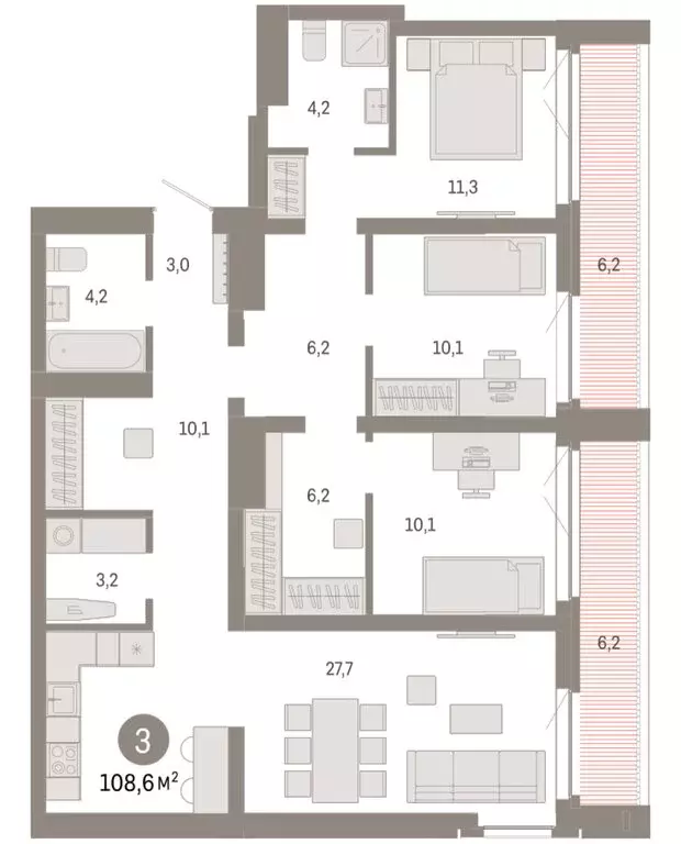 3-комнатная квартира: Новосибирск, Большевистская улица, 66 (108.6 м) - Фото 2