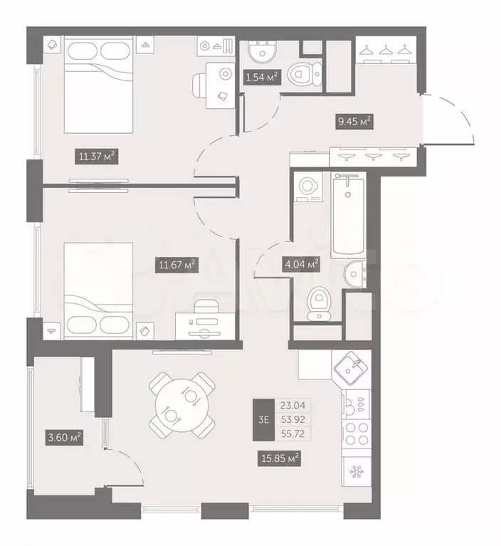 2-к. квартира, 55,7 м, 6/10 эт. - Фото 0