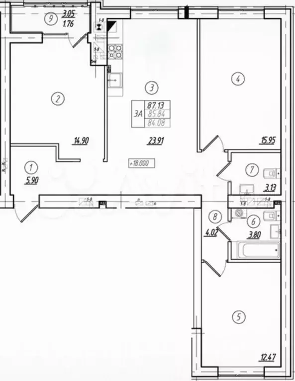 3-к. квартира, 85,8 м, 2/8 эт. - Фото 1