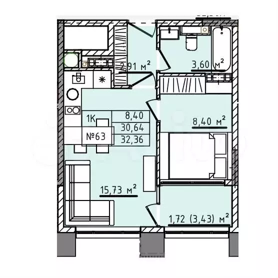 1-к. квартира, 32,4 м, 4/5 эт. - Фото 0