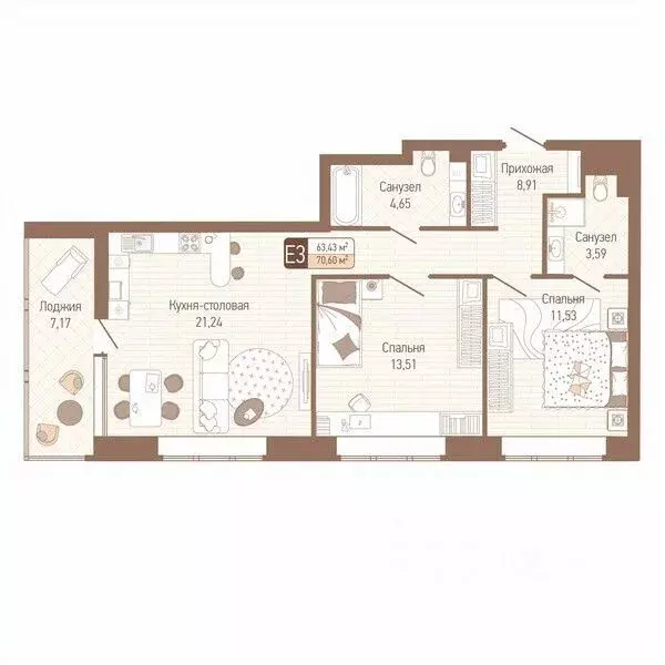2-к кв. Тульская область, Тула Кулик жилой комплекс (67.02 м) - Фото 0