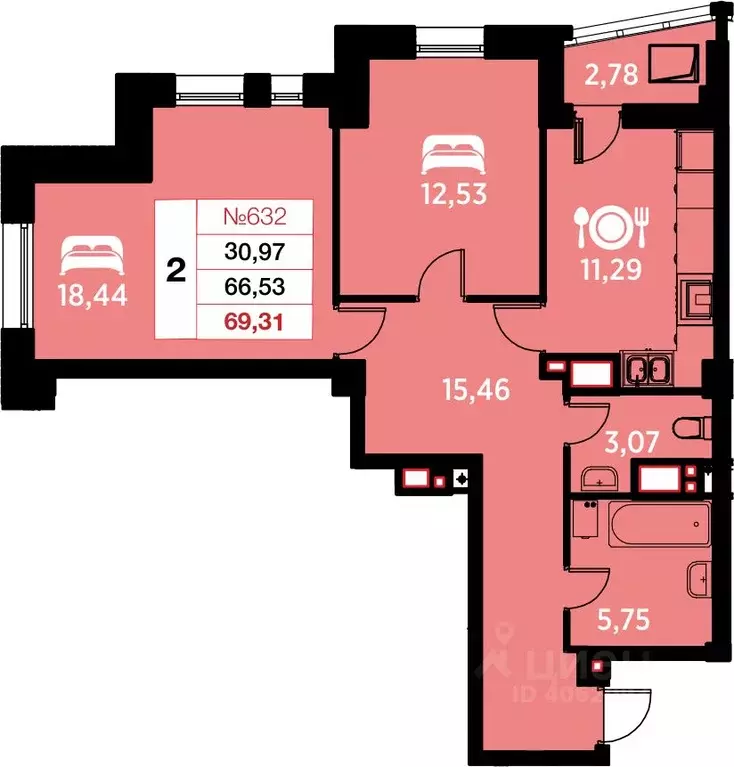 2-к кв. Калининградская область, Калининград ул. Гайдара, 94 (69.3 м) - Фото 0