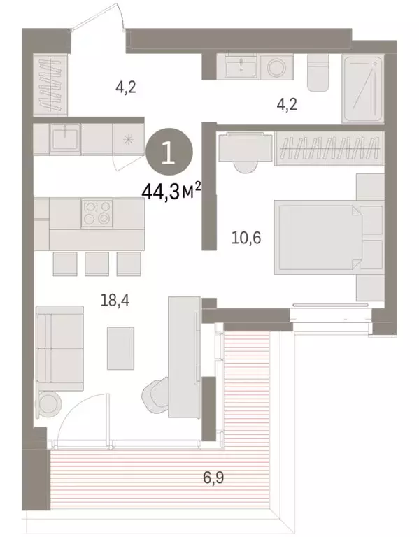 1-комнатная квартира: Тюмень, жилой комплекс На Минской (44.31 м) - Фото 2
