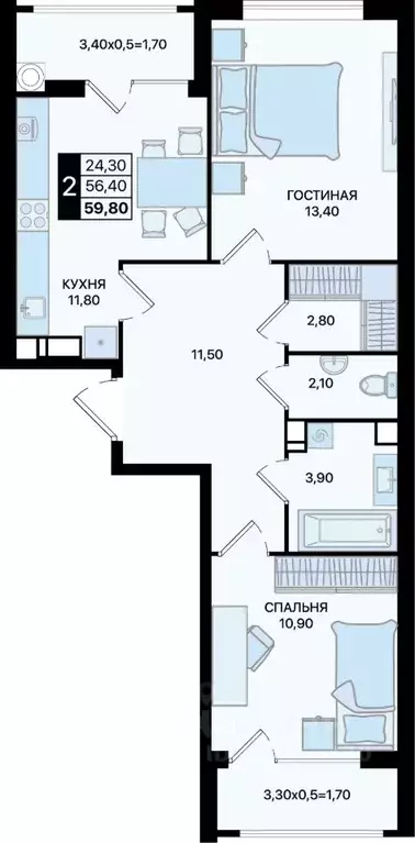 2-к кв. Ростовская область, Ростов-на-Дону просп. Шолохова (59.8 м) - Фото 0