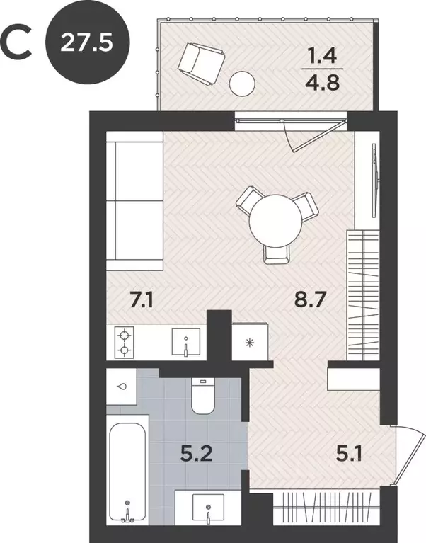 Студия Калининградская область, Калининград Тихорецкий проезд (27.5 м) - Фото 1