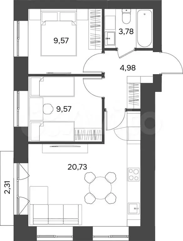 2-к. квартира, 49,3 м, 9/9 эт. - Фото 1