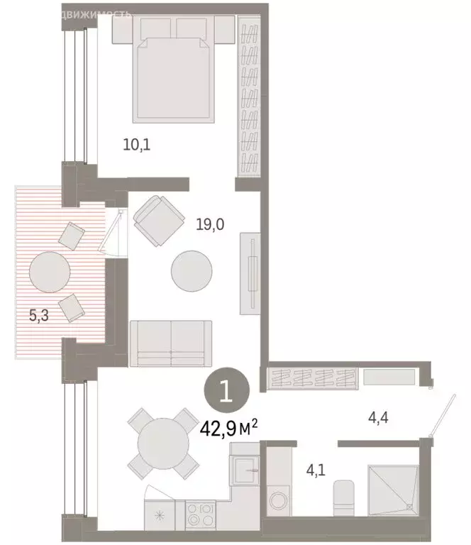 1-комнатная квартира: Тюмень, улица Муравленко, 9/2 (42.87 м) - Фото 1