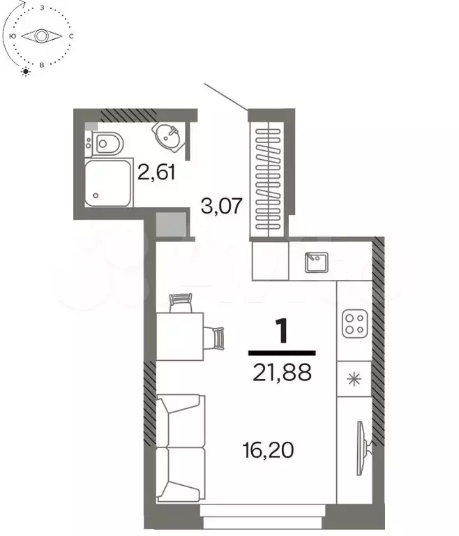 Квартира-студия, 21,9 м, 24/26 эт. - Фото 1