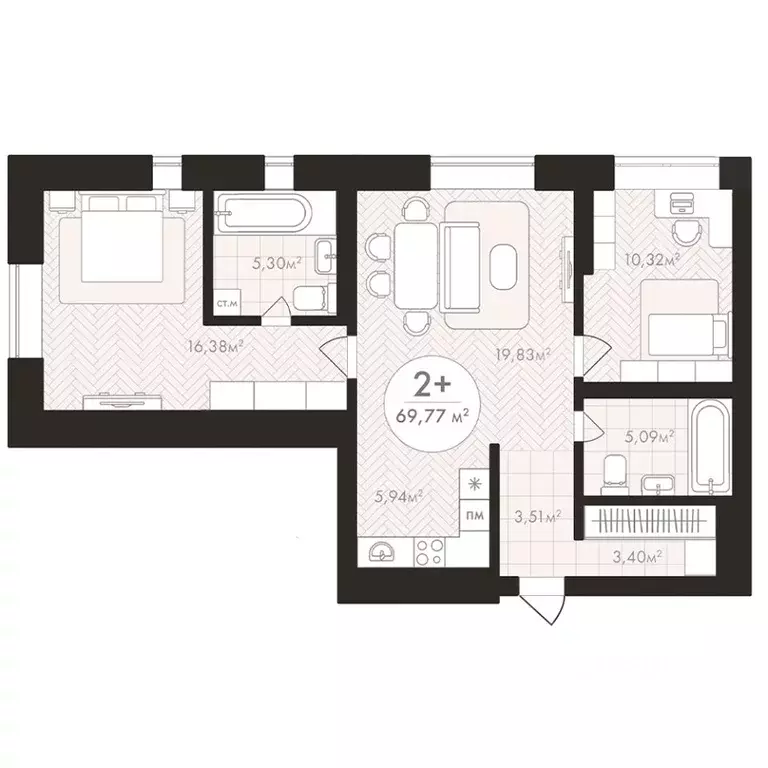 2-к кв. Башкортостан, Уфа Южный-2 мкр,  (69.77 м) - Фото 1