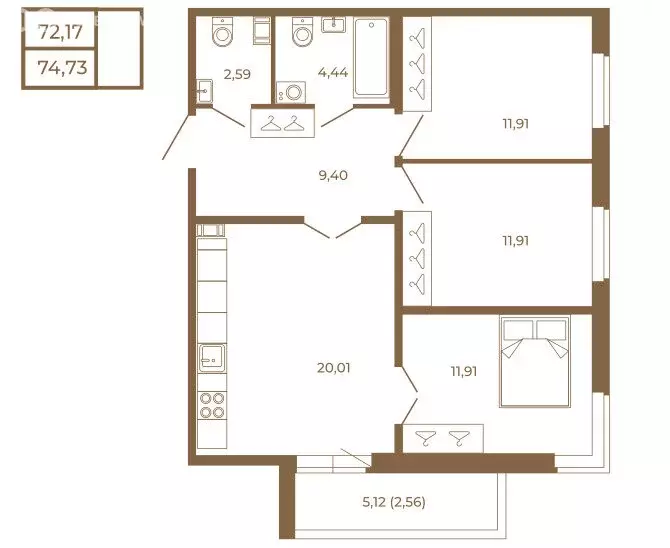 3-комнатная квартира: Сертолово, Златоглавая улица, 2к2 (74.73 м) - Фото 1