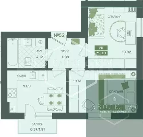 2-к. квартира, 39,4 м, 3/5 эт. - Фото 0
