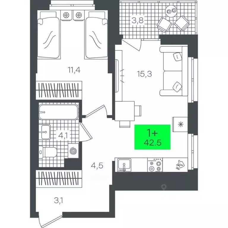 1-к кв. Тюменская область, Тюмень ул. Василия Малкова, 19 (42.54 м) - Фото 0