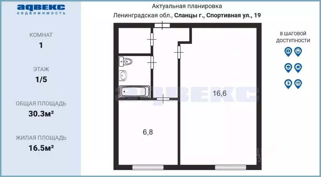 1-к кв. Ленинградская область, Сланцы Спортивная ул., 19 (30.3 м) - Фото 2