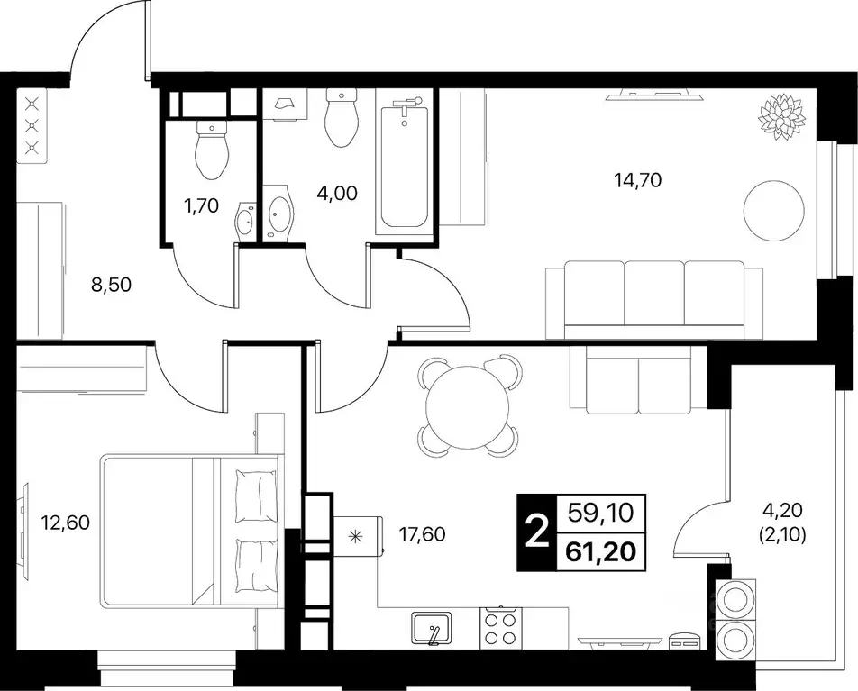 2-к кв. Ростовская область, Ростов-на-Дону бул. Авиаторов (61.2 м) - Фото 1