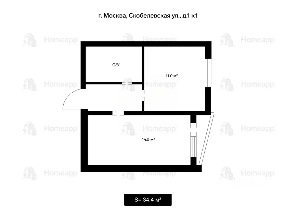 1-к кв. Москва Скобелевская ул., 1к1 (34.4 м) - Фото 2