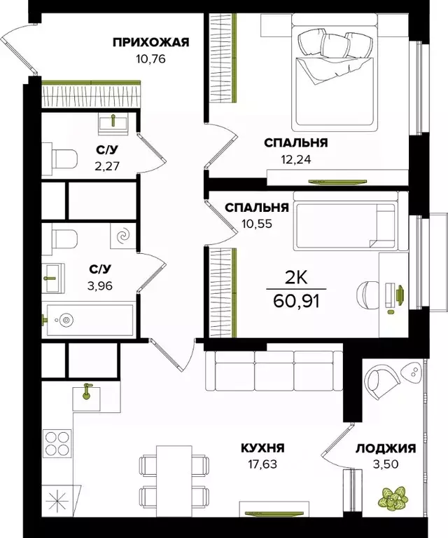 2-к кв. Тульская область, Тула  (60.91 м) - Фото 0